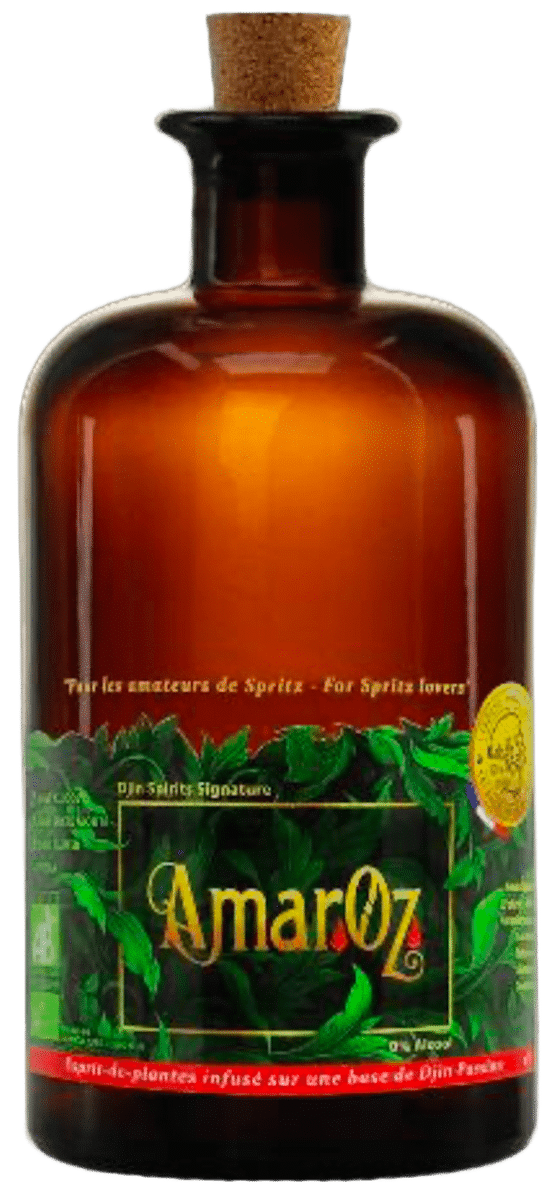 Bouteille de spiritueux sans alcool Djin AmarOz, élu meilleur spiritueux sans alcool du monde 2024, notes d'orange amère et gentiane.